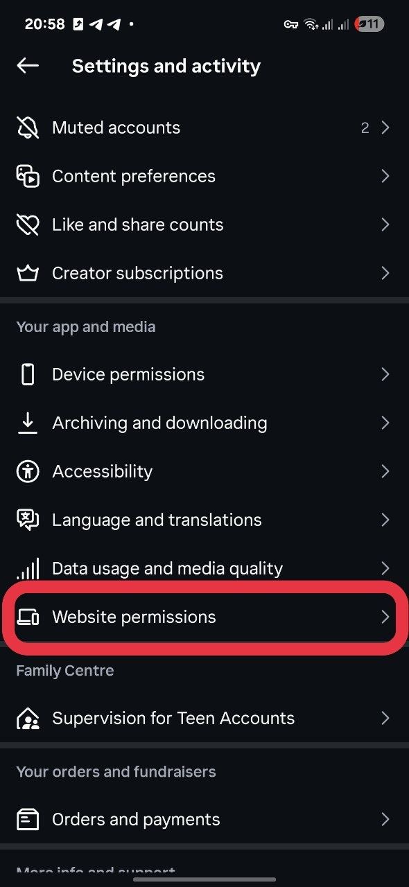 ورود به Website permissions