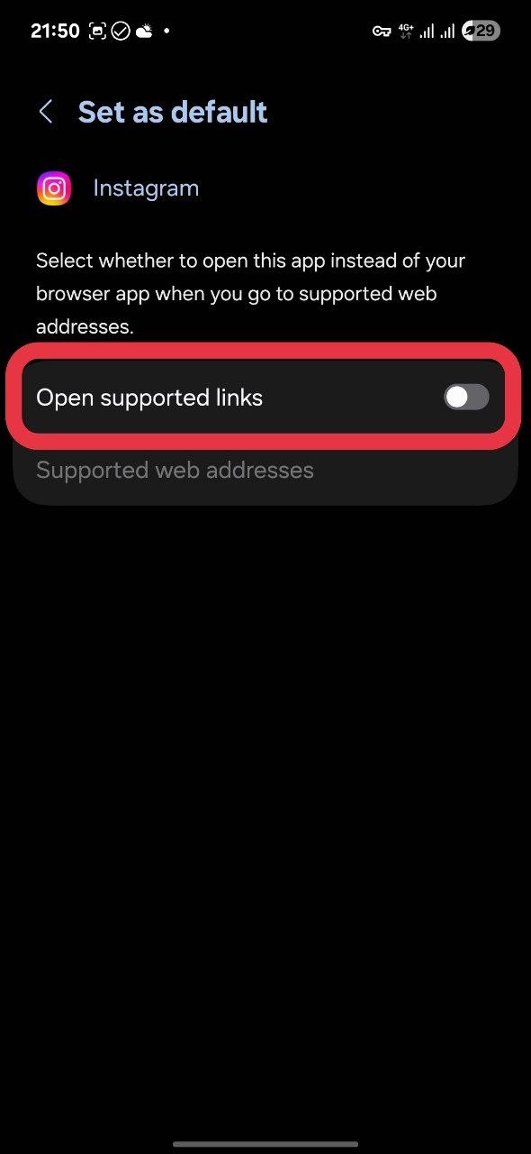 خاموش کردن Open supported links