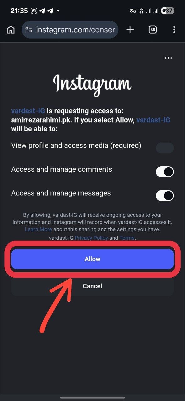تأیید دسترسی‌های vardast-IG با دکمه‌ی Allow