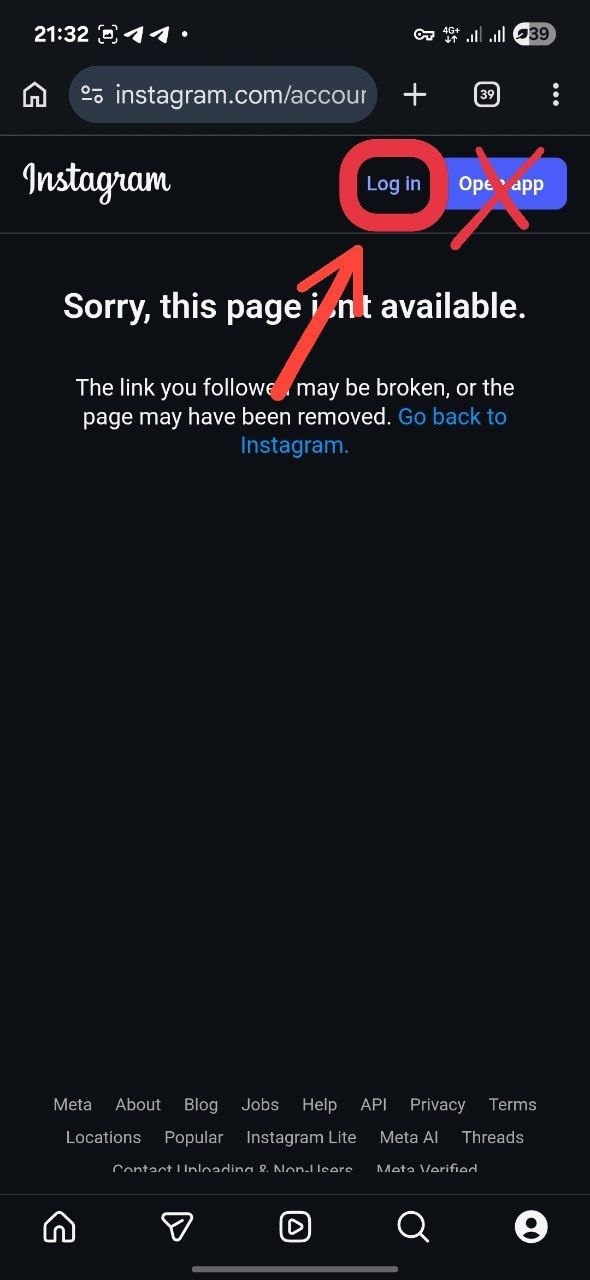 صفحه‌ی page isn't available و دکمه‌ی Log in