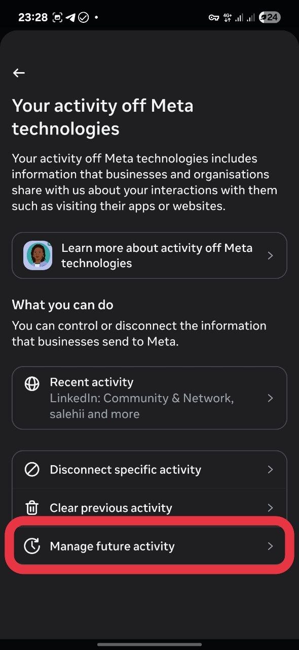 انتخاب Manage future activity