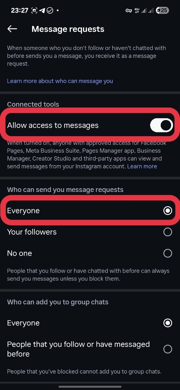 روشن‌کردن Allow access to messages و انتخاب Everyone