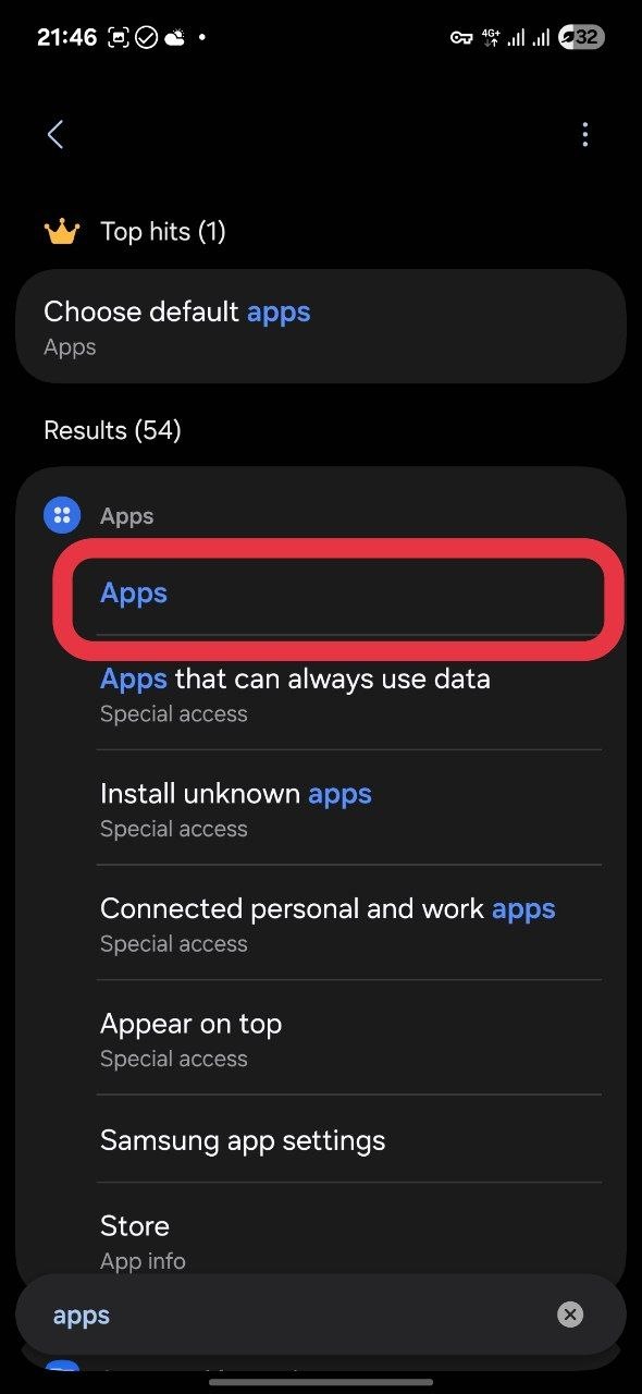 جست‌وجوی apps در تنظیمات اندروید