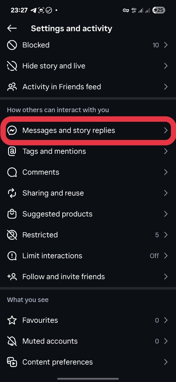 ورود به Messages and story replies در تنظیمات اینستاگرام