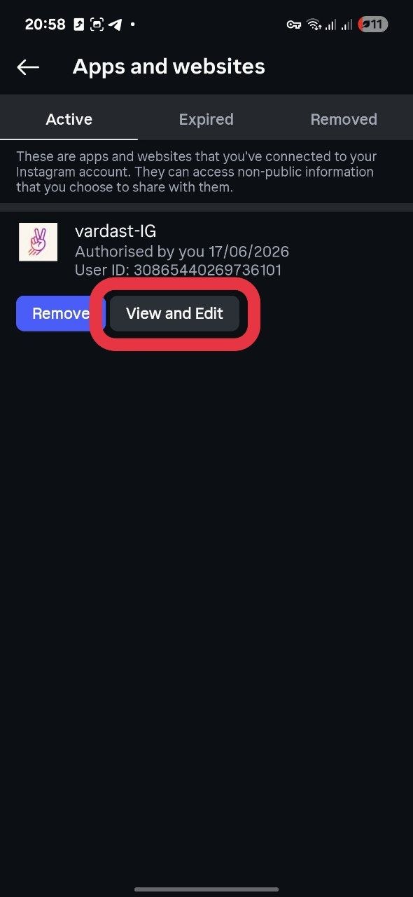 Finding vardast-IG in the Active tab and tapping View and Edit