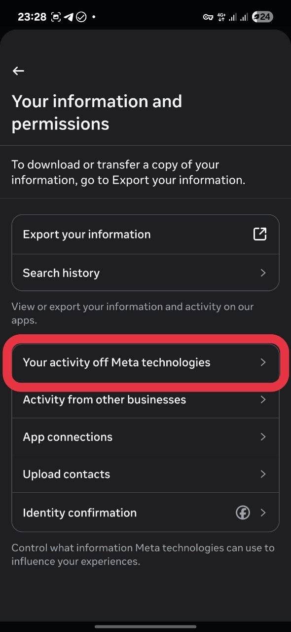 انتخاب Your information and permissions در Accounts Centre